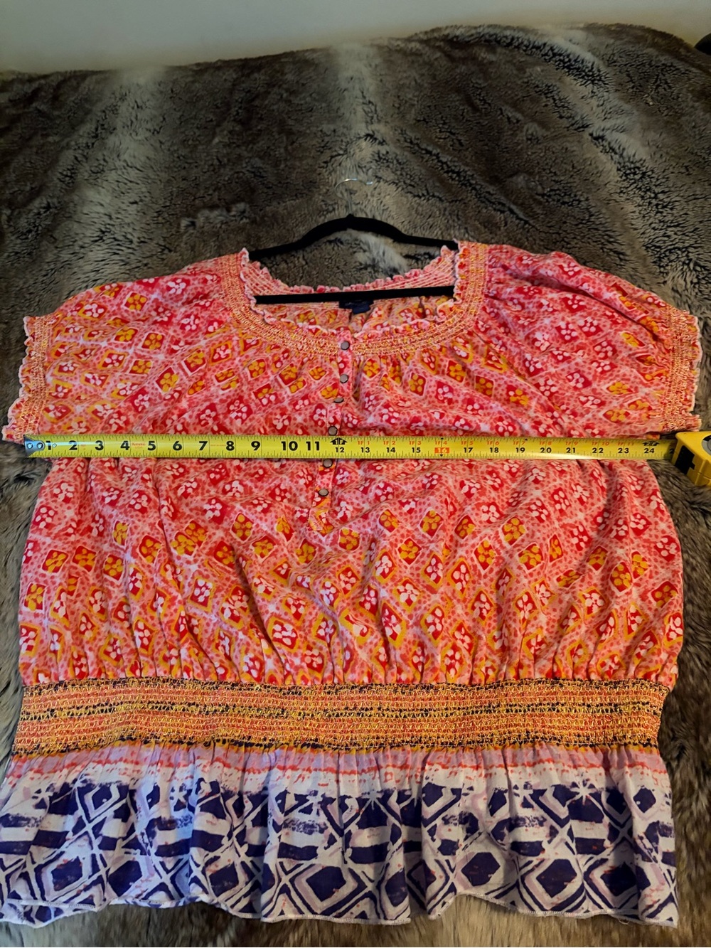 Indigo Moon Denim 2X Boho Peasant Top Coral Pink Mixed Print Smocked Plus Size - Picture 7 of 7